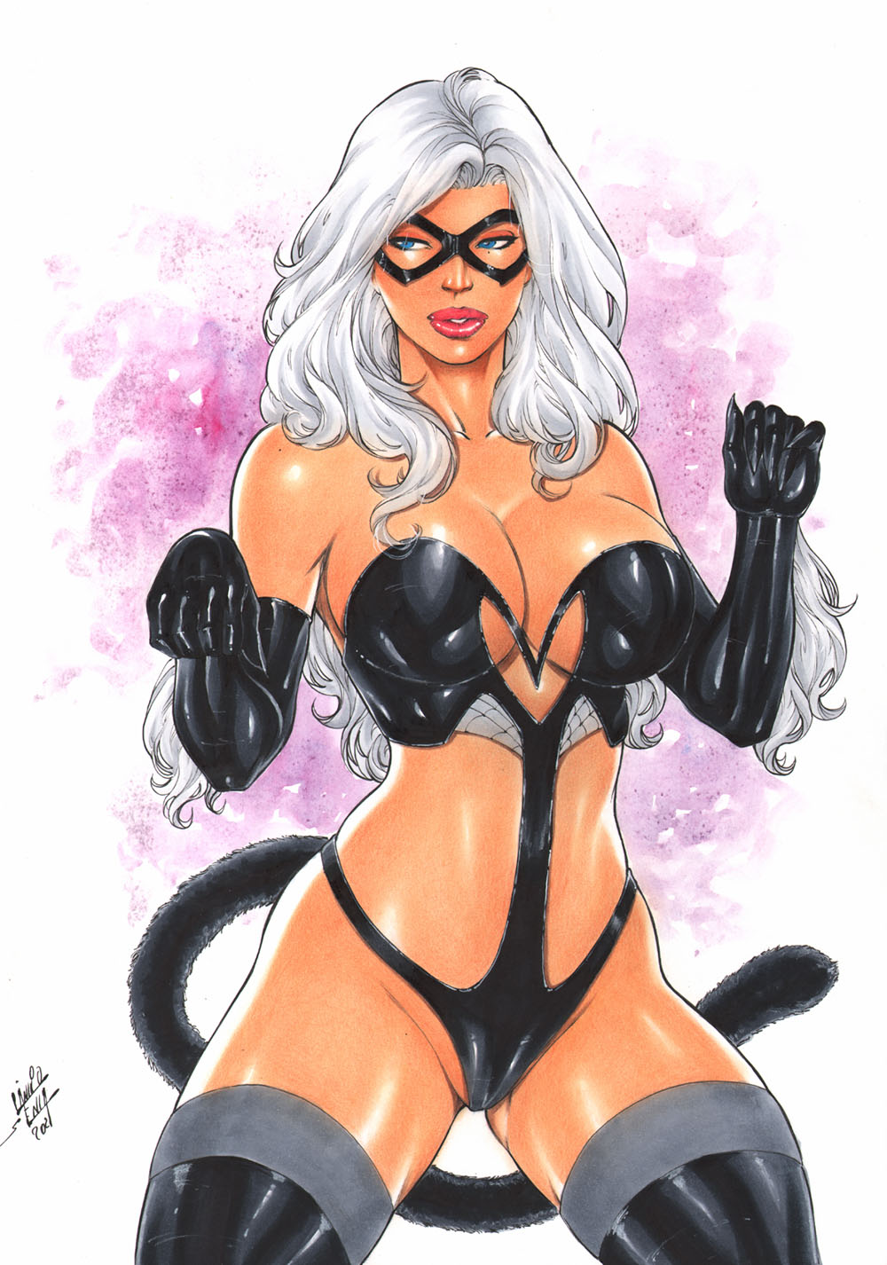 black cat (marvel), blue eyes, breasts, cat tail, cleavage, ed benes studio, felicia hardy, female, female only, gloves, lanio sena, large breasts, marvel, marvel comics, spider-man (series), voluptuous, white hair