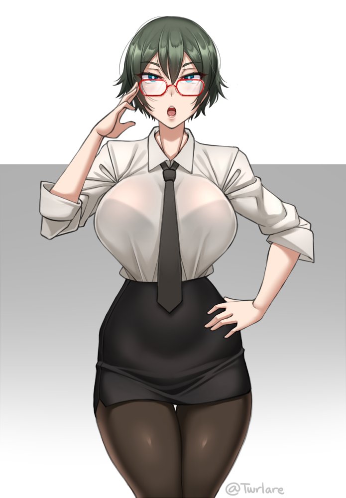 1girls big_breasts breasts female female_only glasses large_breasts office_lady pantyhose solo thick_thighs twrlare white_blouse wide_hips