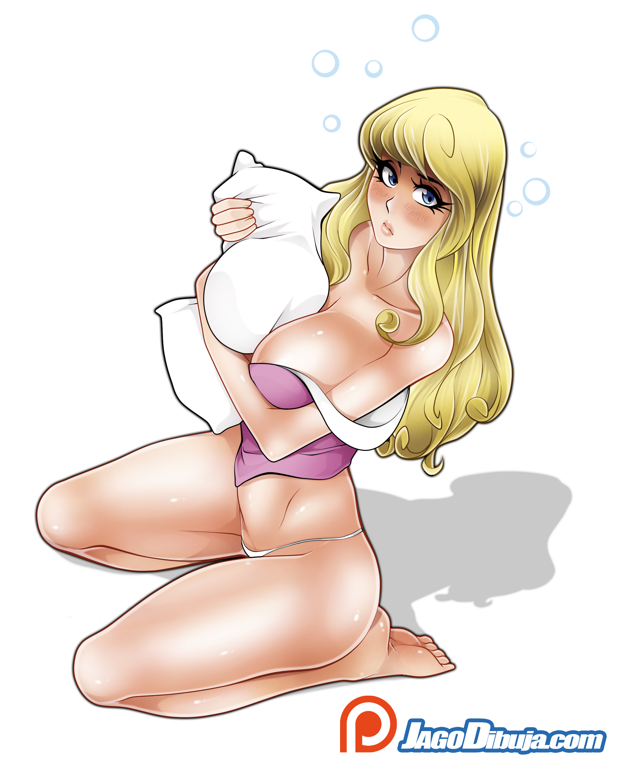 1girls, aurora (sleeping beauty), blonde hair, blue eyes, blush, breasts, cleavage, disney, disney princess, female, female only, holding pillow, hugging pillow, jago dibuja, kneeling, large breasts, looking at viewer, looking up, princess, royalty, sleeping beauty (1959 film), tired, underwear, voluptuous