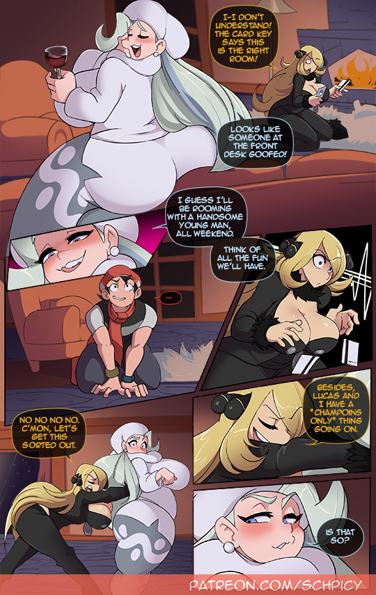 1boy, 2girls, alternate breast size, ass, blonde hair, blush, bottom heavy, breasts, bubble butt, busty, cleavage, clothing, comic, curvy, cynthia (pokemon), dialogue, english text, female, huge breasts, human, lucas (pokemon), male, melony (pokemon), milf, nintendo, pokemon, pokemon dppt, pokemon ss, schpicy, size difference, text, thick thighs, venus body, voluptuous, wine glass