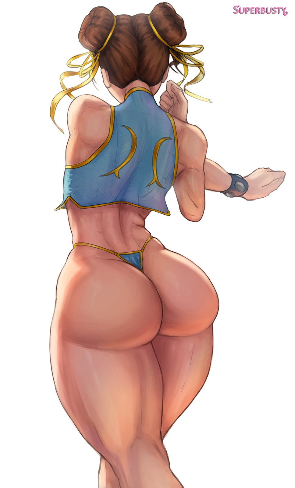 1girls, asian, ass, brown hair, bubble ass, bubble butt, capcom, chun-li, female, female only, gold, huge ass, large ass, legs, street fighter, stretching, superbusty, thick, thick ass, thick thighs, thighs, thong, white background