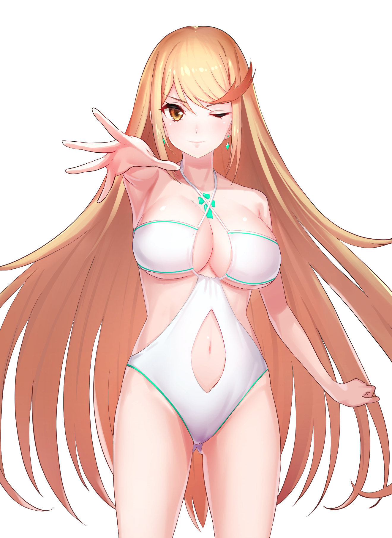 belly button, big breasts, bikini, breasts, curvy, curvy female, curvy hips, female, green322, looking at viewer, mythra, nintendo, smiling at viewer, swimsuit, white background, xenoblade chronicles 2