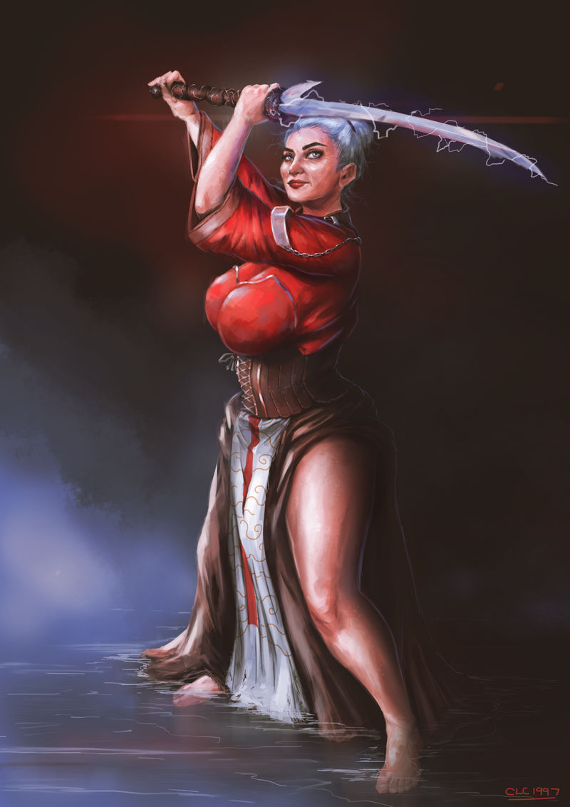 barefoot clc1997 corset dragon_age dragon_age_origins dress female female_only gilf grandmother hair_bun large_breasts older_female solo sword thick_thighs white_hair wynne_(dragon_age)