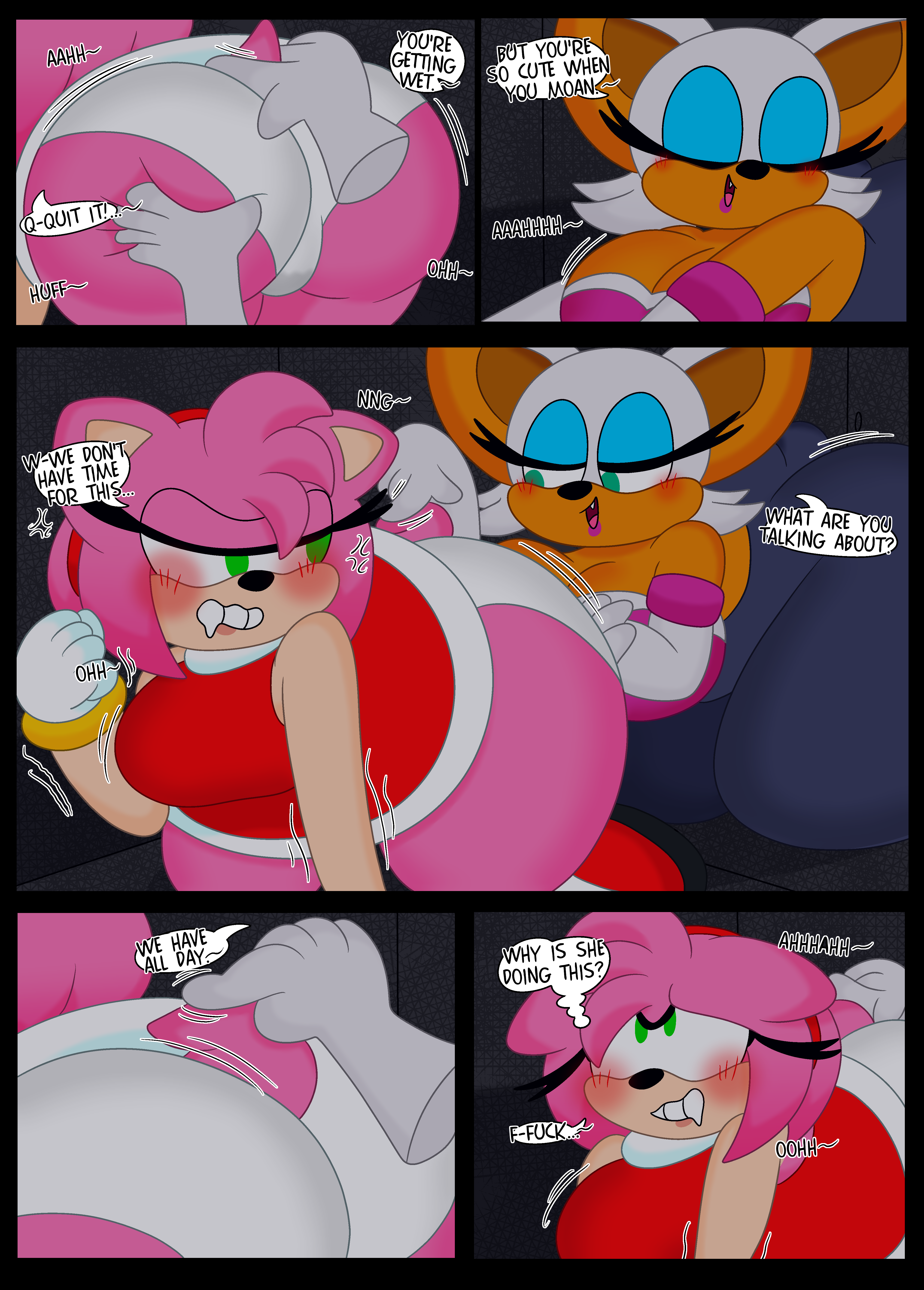 2girls, 3barts, amy rose, angry, anthro, ass, ass focus, breasts, cleavage, comic, dialogue, female, female focus, female only, huge ass, huge breasts, moaning, motion lines, multiple females, multiple girls, panties, pleasure face, rouge the bat, sega, sonic (series), tail grab, trembling, uncommon stimulation, upskirt, wide hips, yuri
