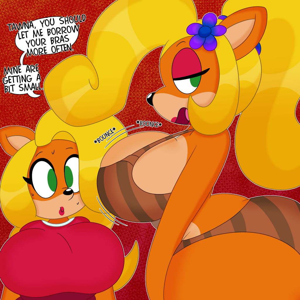 2girls, 3barts, activision, anthro, ass, bra, breasts, bubble ass, bubble butt, clothing, coco bandicoot, crash (series), dialogue, female, female only, huge ass, huge breasts, multiple females, multiple girls, tawna bandicoot