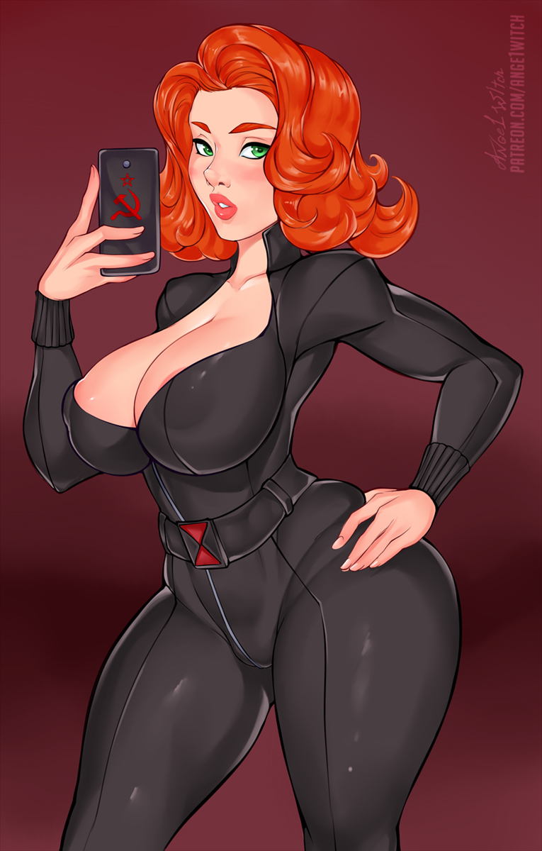 1girls, ange1witch, avengers, big breasts, black widow (marvel), bodysuit, breasts, cleavage, female, female only, large breasts, looking at viewer, marvel, marvel comics, natasha romanoff, selfie, thick thighs, thunder thighs, wide hips