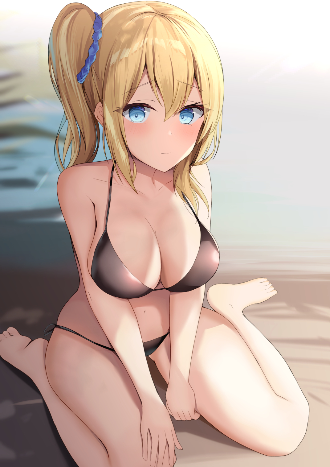 1girls, 2020, bare shoulders, barefoot, big breasts, bikini, bikini bottom, bikini top, black bikini, black bikini bottom, black bikini top, blonde hair, blue eyes, blush, breasts, cleavage, closed mouth, collarbone, female, female focus, female only, hayasaka ai, houraku, kaguya-sama wa kokurasetai ~tensai-tachi no renai zunousen~, looking at viewer, mouth closed, no shoes, seiza, side ponytail, solo, solo female, solo focus