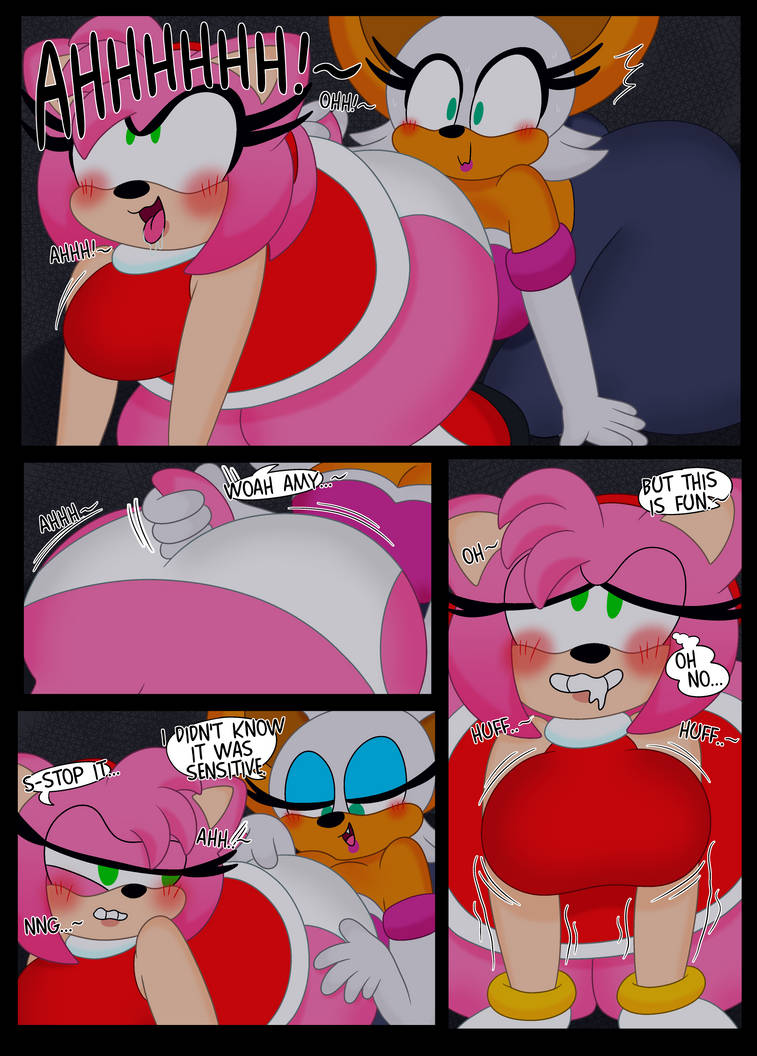 3barts, ahe gao, amy rose, anthro, ass, ass focus, blush, breasts, cleavage, comic, dialogue, female, female focus, female only, huge ass, huge breasts, moaning, motion lines, panties, pleasure face, rouge the bat, sega, sonic (series), tail grab, teasing, trembling, uncommon stimulation, upskirt, wide hips, yuri