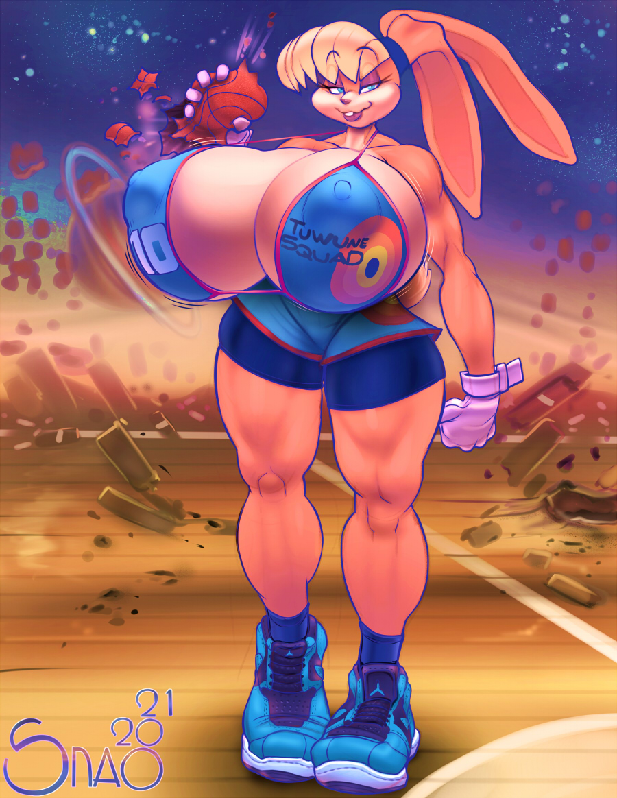 anthro, areola, ball (object), basketball (ball), bedroom eyes, big breasts, blonde hair, blue eyes, breasts, clothing, ears down, english text, female, floppy ears, footwear, hair, huge breasts, lagomorph, leporid, lips, lola bunny, looking at viewer, looney tunes, mammal, muscular, muscular anthro, muscular female, narrowed eyes, nipple outline, nipples, pivoted ears, puffy areola, puffy nipples, rabbit, seductive, shirt, shoes, snao, solo, space, space jam, space jam: a new legacy, standing, tank top, text, text on clothing, text on shirt, text on tank top, text on topwear, thick thighs, topwear, warner brothers, wide hips