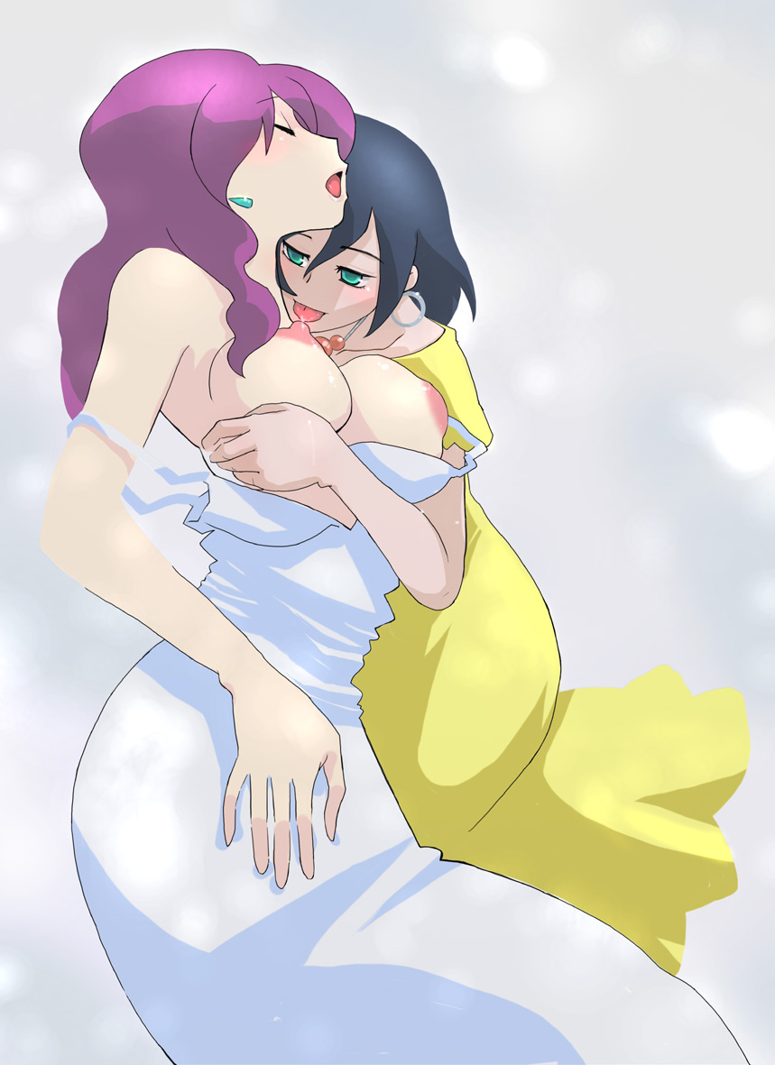 2girls ardi areolae bermuda_triangle_colorful_pastrale black_hair closed_eyes dress earrings ferma green_eyes large_breasts licking_nipples long_hair mature_female mermaid moaning multiple_girls nipple_licking nipples open_mouth purple_hair short_hair silfeed tongue yuri