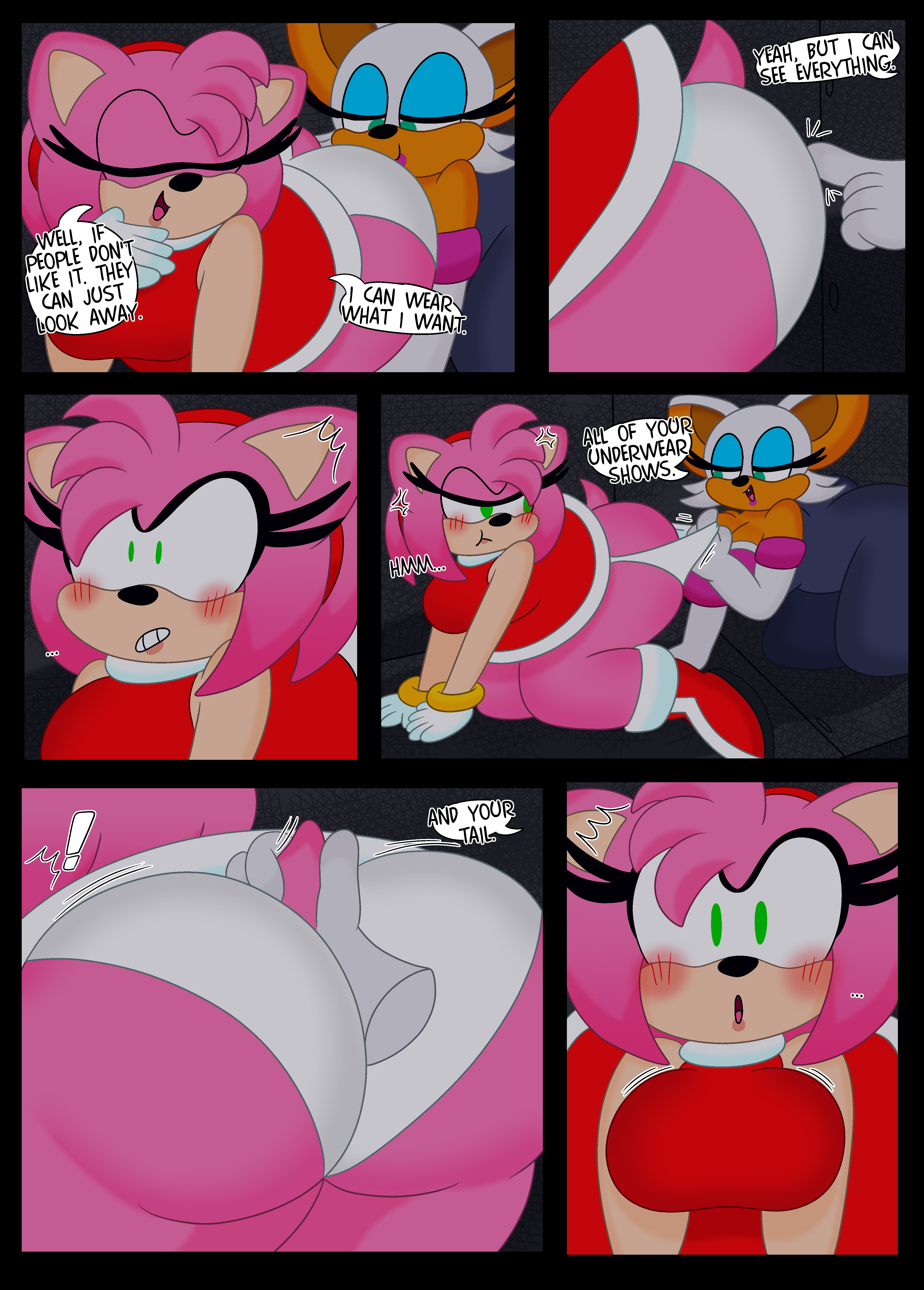 2girls, 3barts, amy rose, anthro, ass, ass focus, breasts, cleavage, comic, dialogue, female, female focus, female only, huge ass, huge breasts, motion lines, multiple females, multiple girls, panties, rouge the bat, sega, sonic (series), tail grab, trembling, uncommon stimulation, upskirt, wide hips, yuri