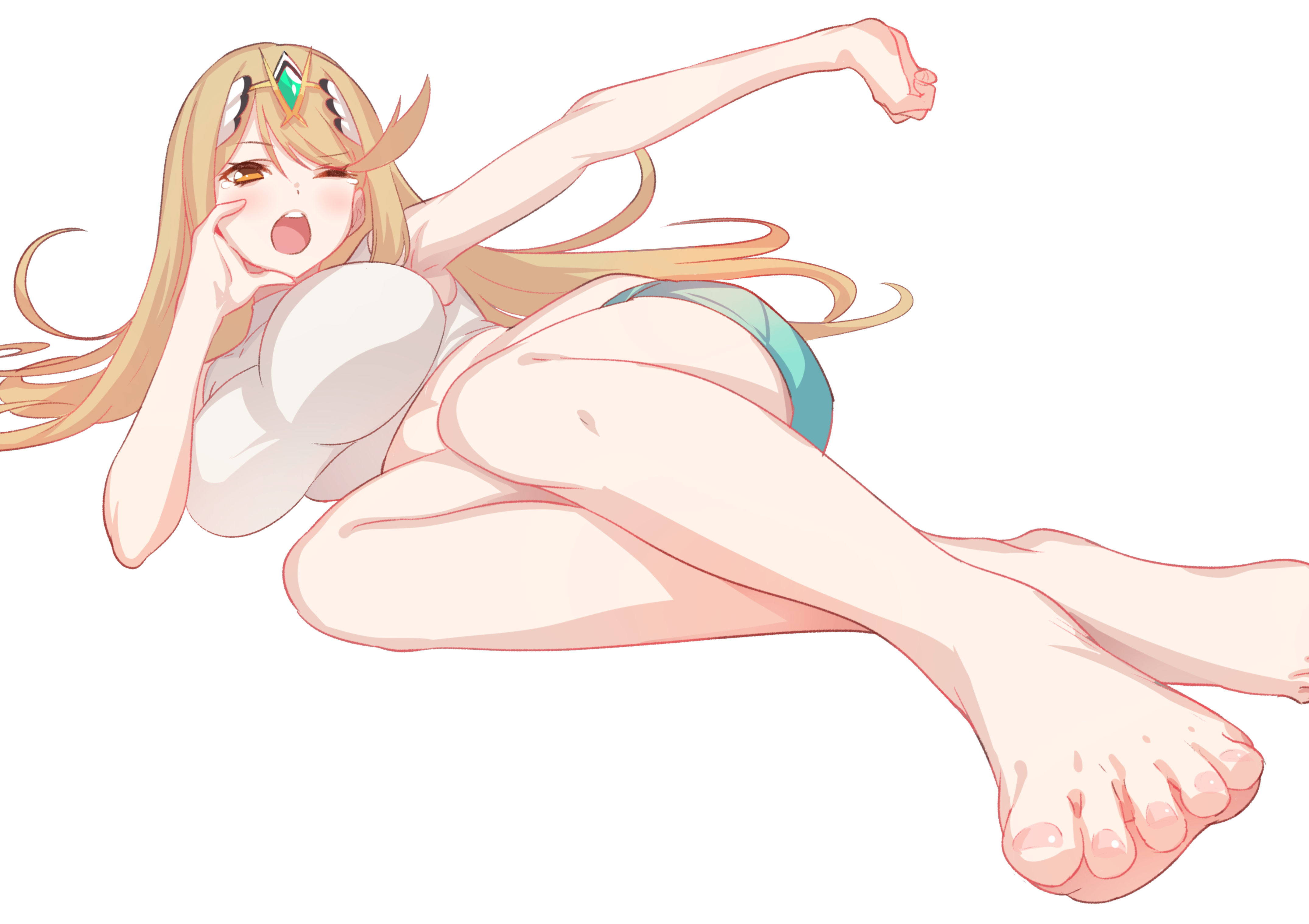 big breasts, blonde hair, breasts, calves, casual, female, green322, lying down, mythra, nintendo, shorts, sports bra, thighs, white background, xenoblade chronicles 2, yawn, yawning