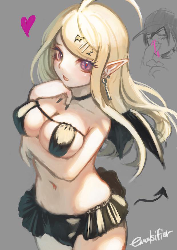 1boy, 1girls, ahoge, akamatsu kaede, belly button, black lingerie, black nails, blonde hair, breasts, choker, clavicle, danganronpa, danganronpa v3, demon, demon girl, demon wings, eyepatch bikini, female, grey background, heart, light skin, light-skinned female, lingerie, male, pale skin, pale-skinned female, pointed ears, purple eyes, saihara shuuichi, solo focus, straight hair, tail, tummy