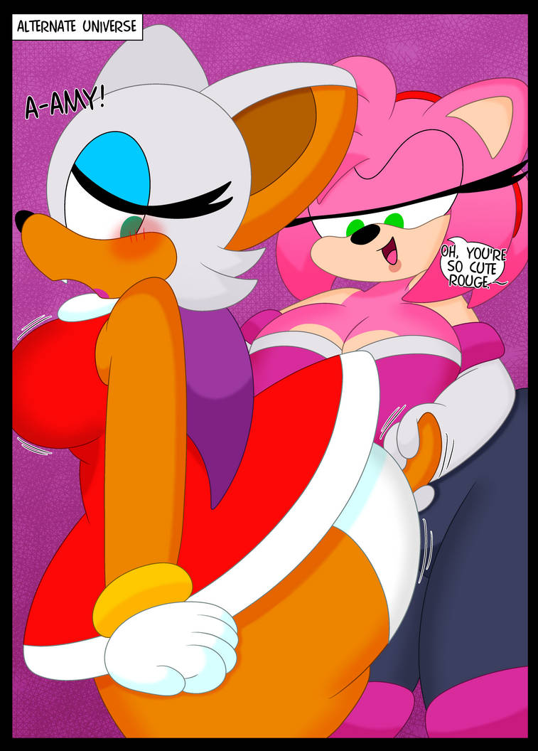 2girls, 3barts, amy rose, anthro, ass, ass focus, breasts, cleavage, comic, dialogue, female, female focus, huge ass, huge breasts, motion lines, multiple females, multiple girls, panties, rouge the bat, sega, sonic (series), trembling, upskirt, wide hips, yuri