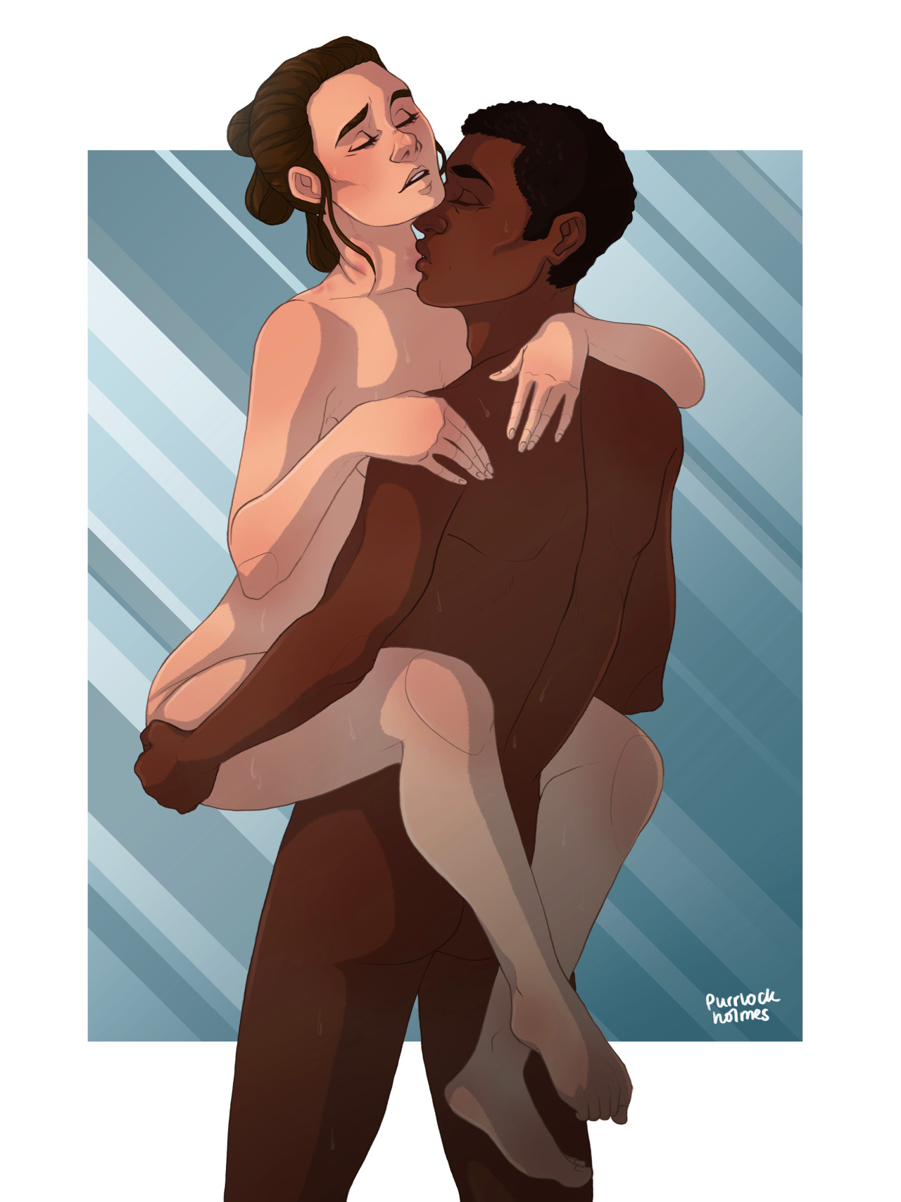 1boy, 1girls, 2017, artist name, artist signature, ass, barefoot, blue background, brown hair, carrying, closed eyes, commission, dark skin, dark-skinned male, digital media (artwork), duo, eyebrows, eyelashes, feet, female, finn (star wars), flush, hair bun, hi res, hickey, holding another, human, interracial, jaspurrlock, kiss, kissing neck, light skin, light-skinned female, male, male/female, not furry focus, nude, open mouth, passionate, pussy, rey, short hair, simple background, standing, standing sex, star wars, straight, sweat, the force awakens, tied hair, toes, vaginal penetration, vaginal sex, wet, white background