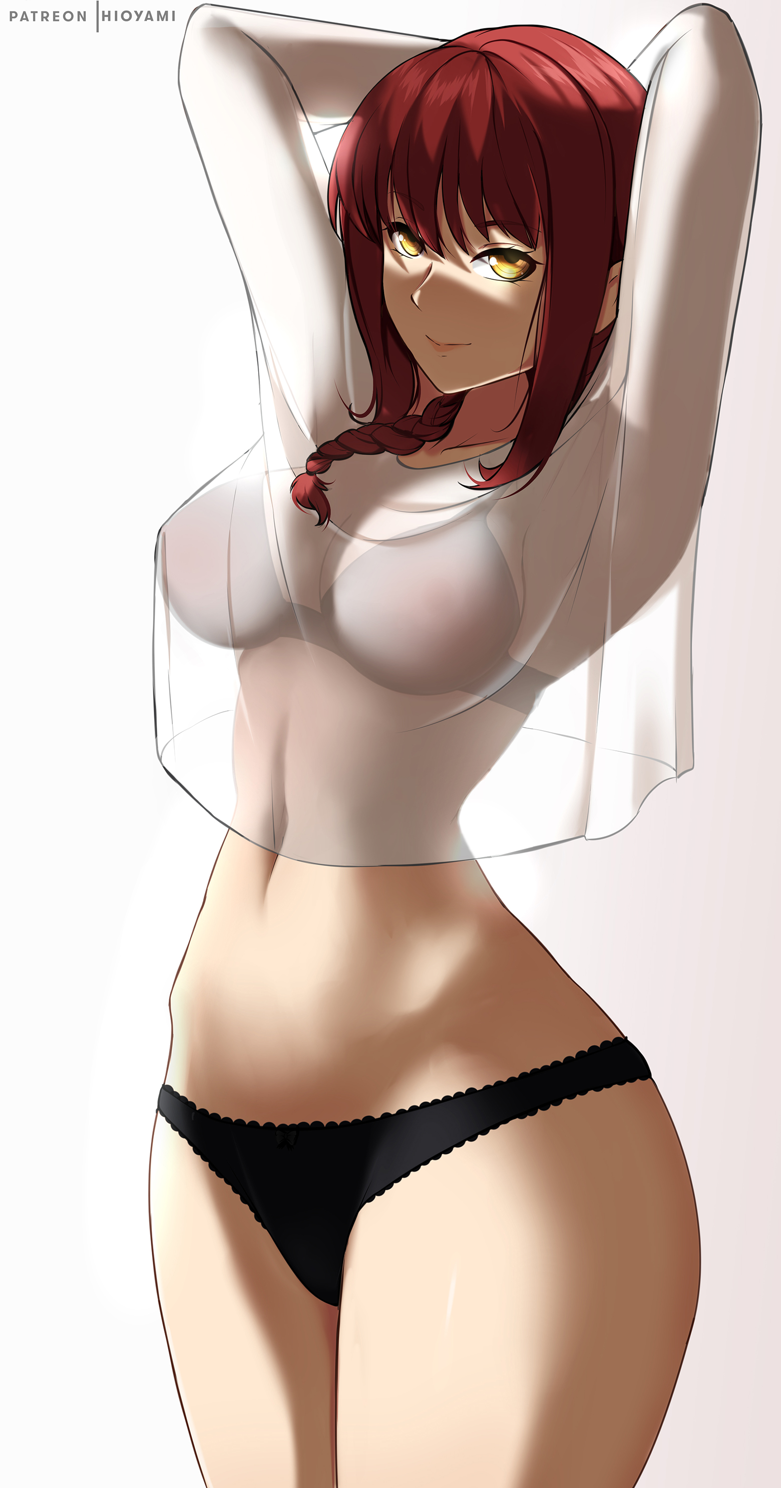 1girls, armpits, bare thighs, black panties, bra, braided hair, breasts, chainsaw man, eye contact, female, hioyami, looking at viewer, makima (chainsaw man), narrow shoulders, no pants, panties, red hair, solo, standing, thick thighs, thighs, thin arms, thin waist, transparent clothing, wide hips, yellow eyes