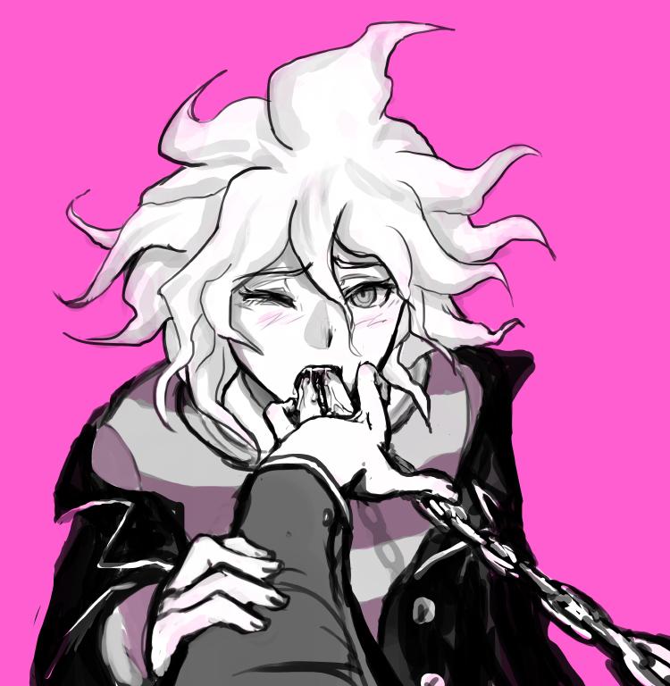 2boys, blush, chain leash, chains, clothed, clothing, color, danganronpa, danganronpa ultra despair girls, drooling, fingers in mouth, looking at viewer, male, male focus, male only, nagito komaeda, one eye closed, pink background, servant (danganronpa), solo focus, straight hair, yndr4hope