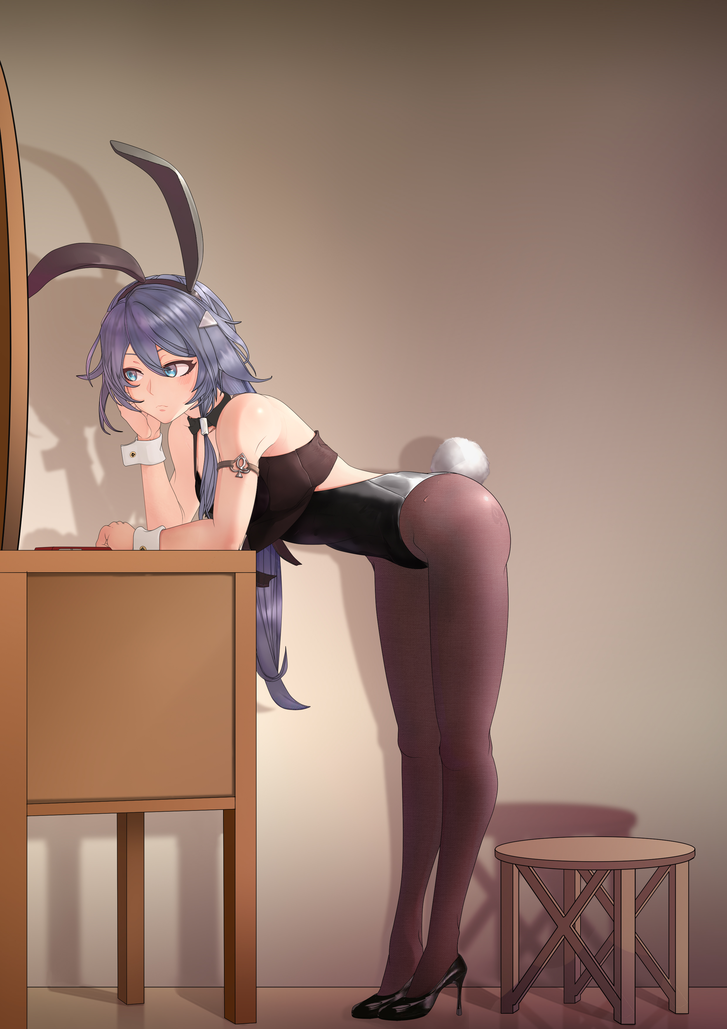 1girls, bent over, blue eyes, blue hair, bunny ears, bunnysuit, female, fu hua, grey hair, heels, high heels, honkai impact 3rd, light blue eyes, light skin, light-skinned female, pantyhose, phone, queen of spades