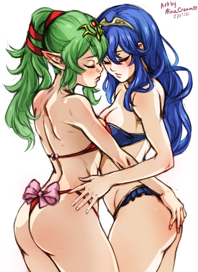 2girls, alternate costume, ass, ass grab, back, bare back, bikini, blue bikini, blue hair, blue swimsuit, blush, breasts, cleavage, elf ears, female, female only, fire emblem, fire emblem awakening, green hair, large ass, long hair, lucina (fire emblem), medium breasts, minacream, nintendo, pointy ears, ponytail, red bikini, red swimsuit, royalty, swimsuit, symmetrical docking, tiara, tiki (fire emblem), tiki (fire emblem) (adult), white background, yuri