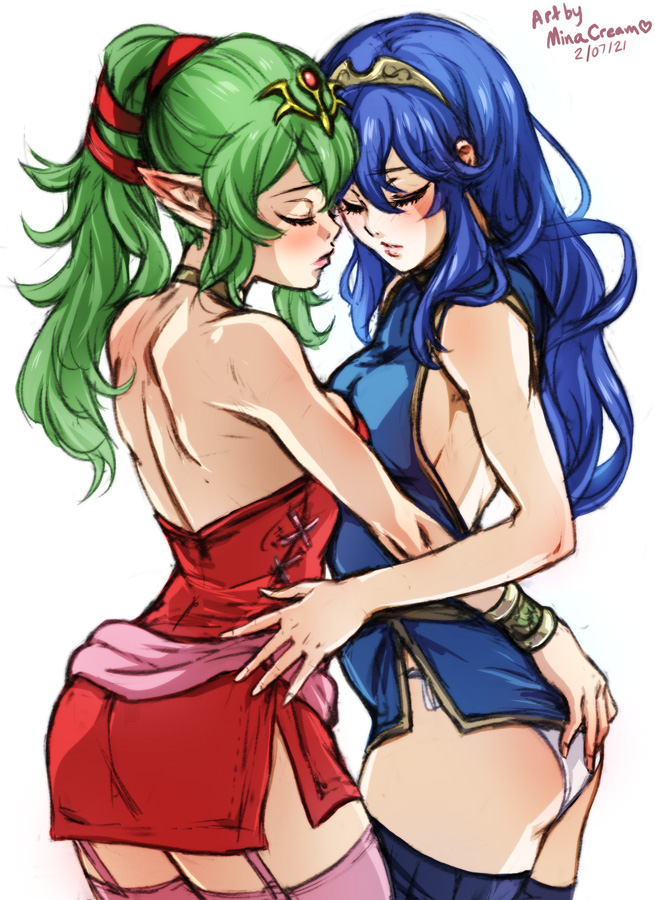 2girls artist_nam ass ass_grab back bare_back bare_shoulders blue_dress blue_hair blue_thighhighs blush bracer breasts closed_eyes dated dress female_only fire_emblem fire_emblem_awakening garter_straps green_hair groping hair_between_eyes hair_ribbon halter_dress halterneck hand_on_another's_ass hand_on_another's_hip hug long_hair lucina_(fire_emblem) medium_breasts minacream multiple_girls nintendo panties pantyshot pantyshot_(sitting) pink_sash pink_thighhighs pointy_ears ponytail red_dress red_ribbon ribbon sash short_dress side_slit sideboob thighhighs tiara tiki_(adult)_(fire_emblem) tiki_(fire_emblem) underwear upskirt waist_sash white_background white_panties yuri