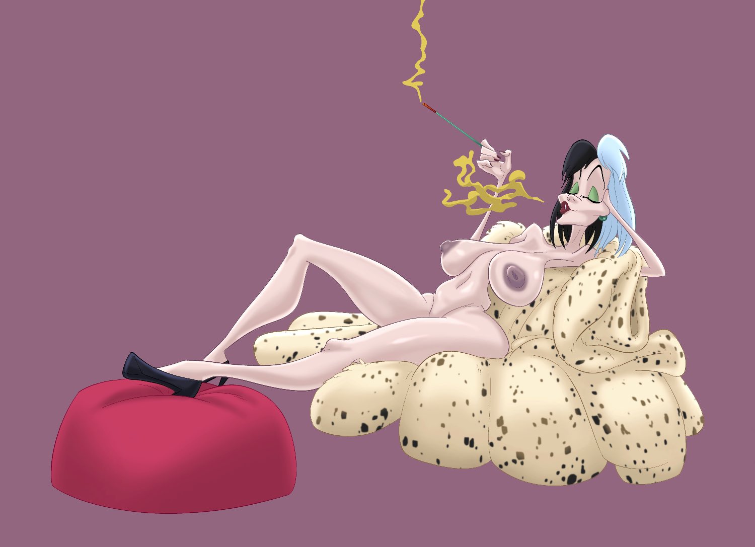 101 dalmatians, 1girls, areolae, big breasts, breasts, busty, cruella de vil, disney, disney villains, female, female focus, female only, gilf, hourglass figure, john coffe, mature, mature female, nipples, nude, nude female, nudity, pussy, solo, vagina, wide hips