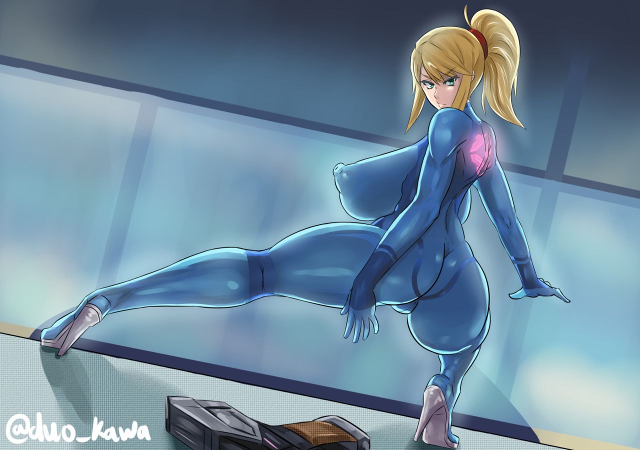 areola_bulge backboob big_areola big_breasts big_butt big_nipples blonde_hair blue_suit bodysuit breasts busty butt clothed clothed_female duo_kawa erect_nipples female female_only green_eyes gun heels high_heels looking_at_viewer looking_back metroid nintendo nipple_bulge nipples ponytail pose puffy_areola pussy pussy_bulge samus_aran skintight solo_female squatting thick_thighs thighs zero_suit_samus