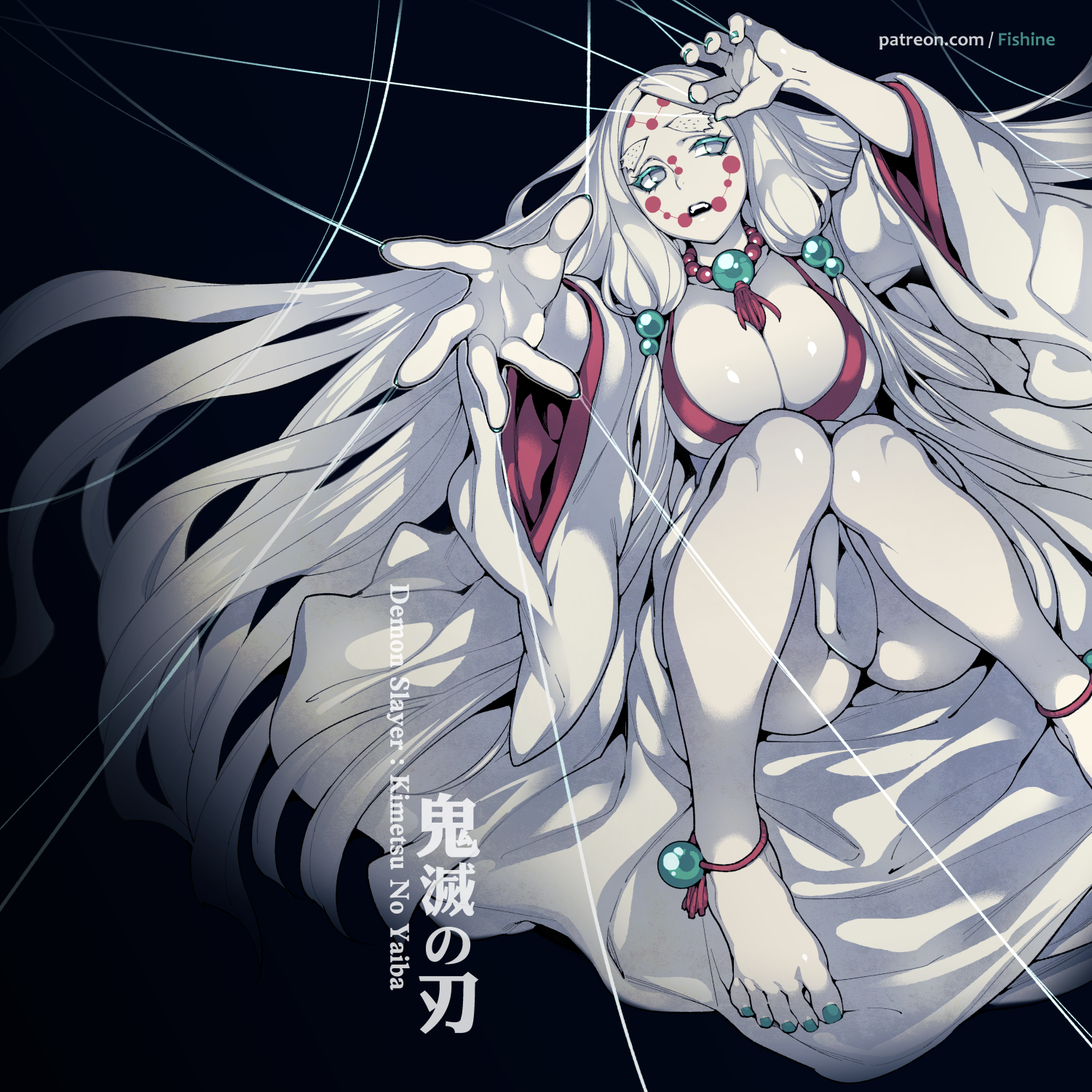 anklet, barefoot, big breasts, breasts, cleavage, demon, demon girl, demon slayer, facial markings, female, female only, fishine, hair ornament, kimetsu no yaiba, kimono, legs up, long hair, mother spider demon, nail polish, necklace, on back, silver eyes, solo, thick eyebrows, toenail polish, very long hair, white hair, white skin