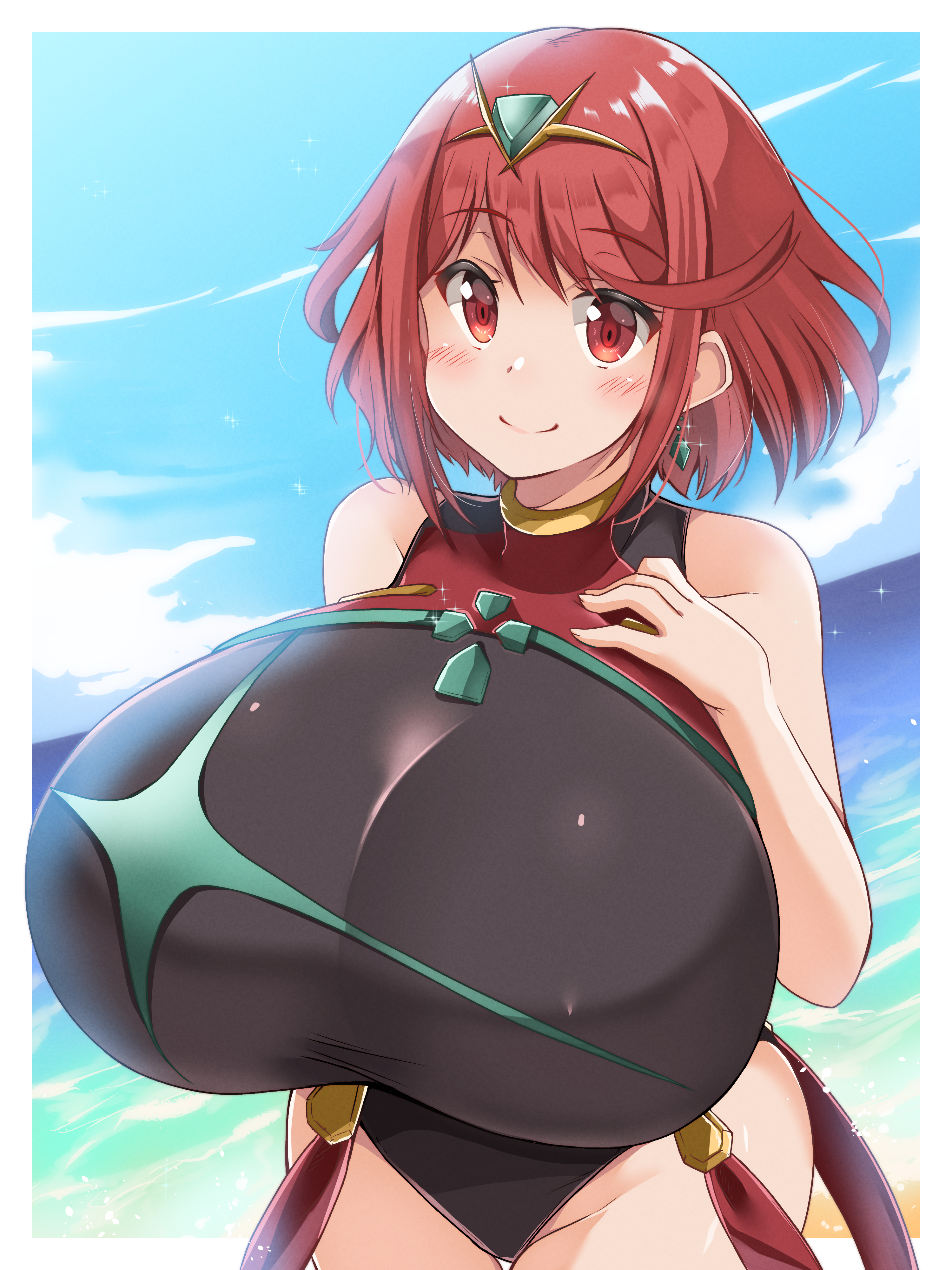 1girls, bangs, beach, black swimsuit, blush, breasts, colored, core crystal, crystal, earrings, female, gem, green gem, hair ornament, hand on breast, huge breasts, hyper, hyper breasts, jewelry, kurocaze, looking at viewer, nintendo, ocean, one-piece swimsuit, pyra, red eyes, red hair, sand, short hair, sky, smile, swept bangs, swimsuit, thick thighs, thighs, tight clothing, tight swimsuit, water, xenoblade (series), xenoblade chronicles 2