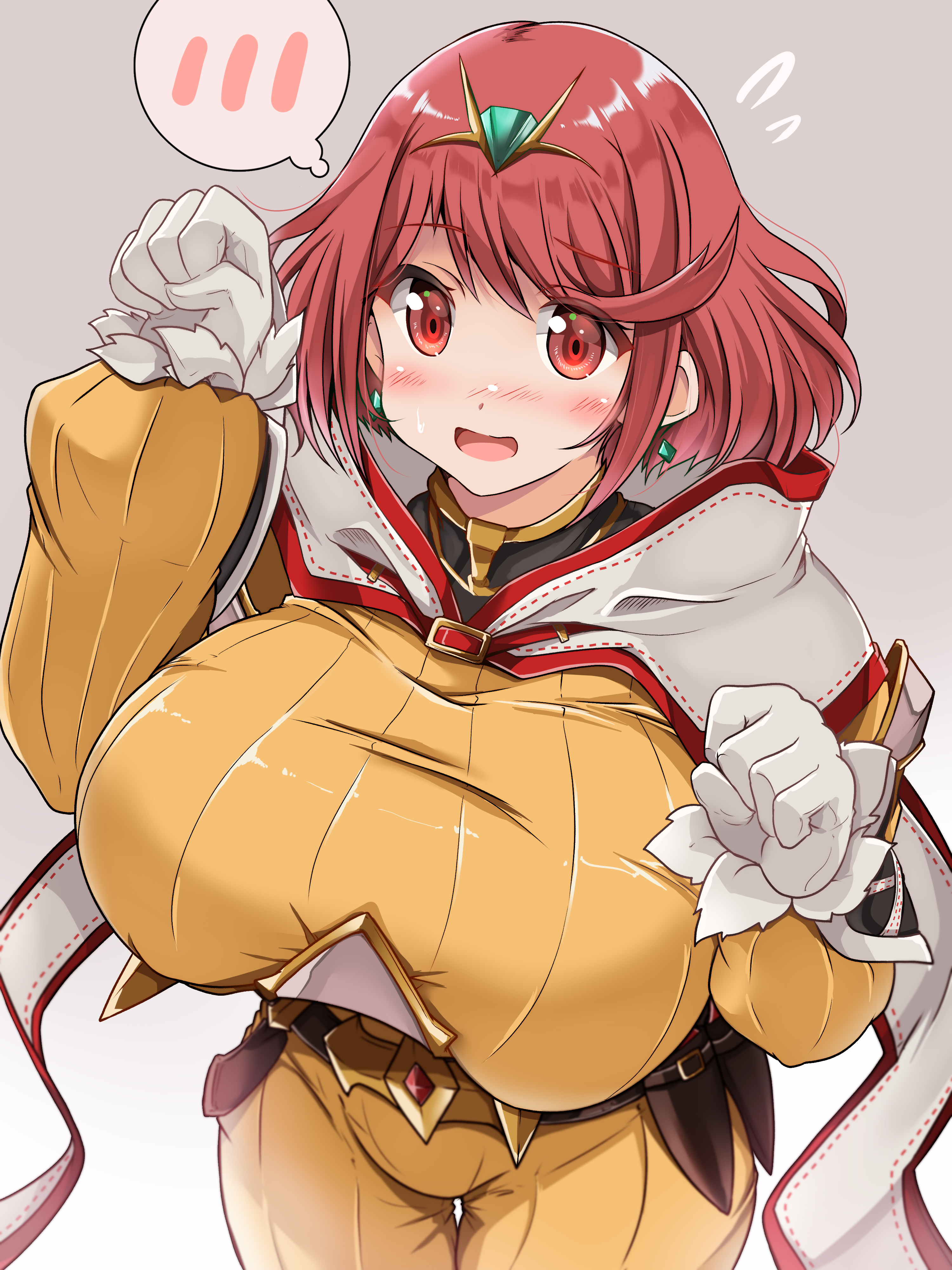 1girls, bangs, belt, blush, breasts, buckle, cat hood, colored, cosplay, crystal, earrings, female, gem, gloves, green gem, hair ornament, hood, huge breasts, hyper breasts, jewelry, jumpsuit, kurocaze, looking at viewer, nia, nintendo, pyra, red eyes, red hair, scarf, short hair, swept bangs, thick thighs, thighs, xenoblade (series), xenoblade chronicles 2