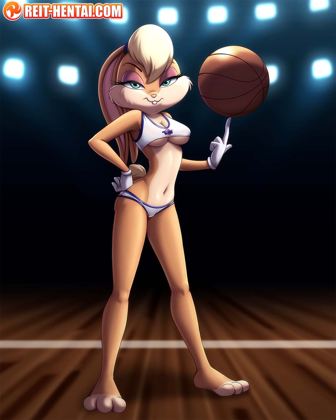 1girls, basketball, basketball uniform, breasts, bunny ears, bunny girl, cleavage, female, female only, large breasts, lola bunny, looking at viewer, looney tunes, panties, reit, small clothes, smile, space jam, watermark