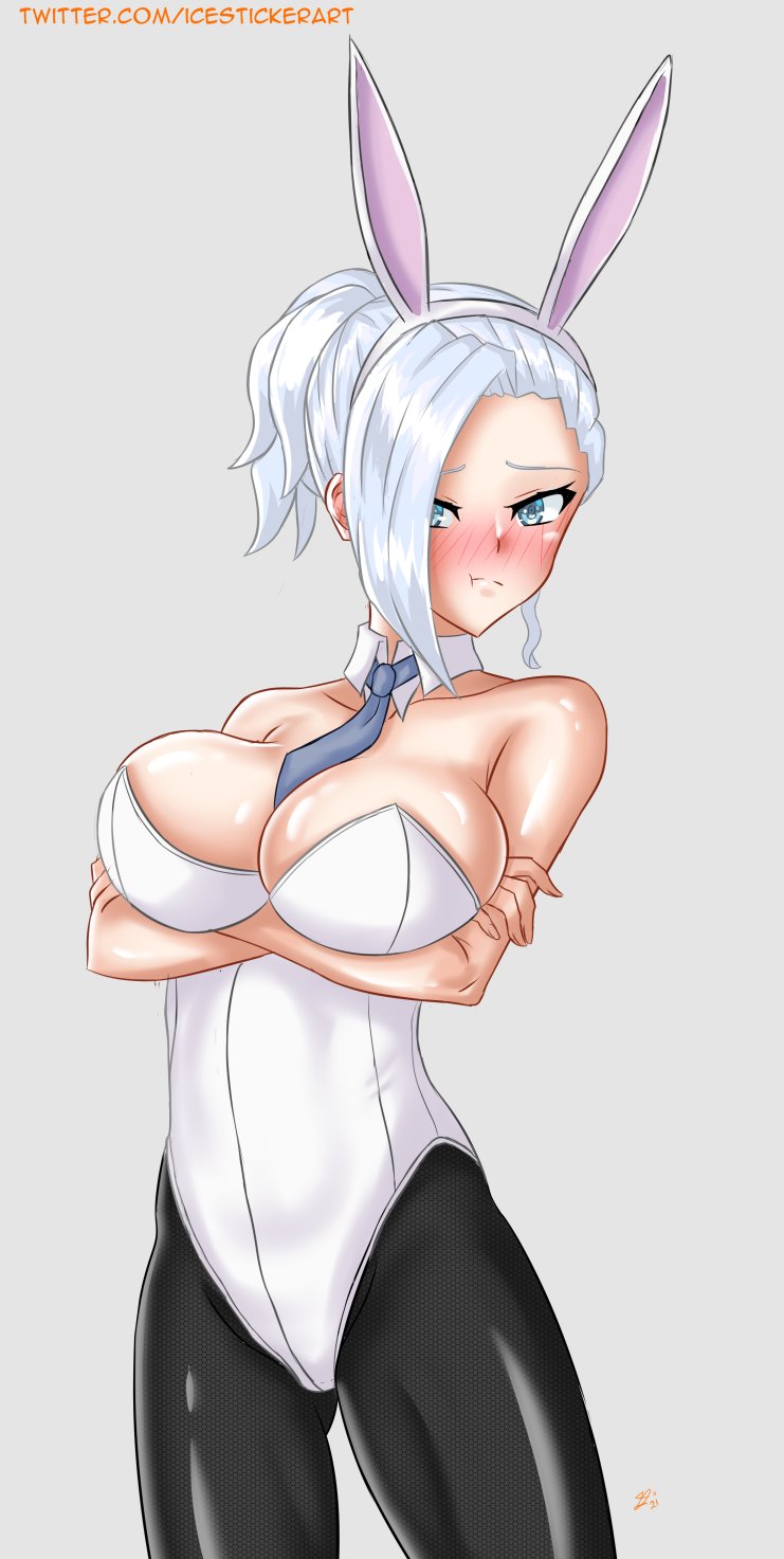 1girls blue_eyes blush breasts bunny_ears bunnysuit female icesticker icestickerart rwby white_hair winter_schnee