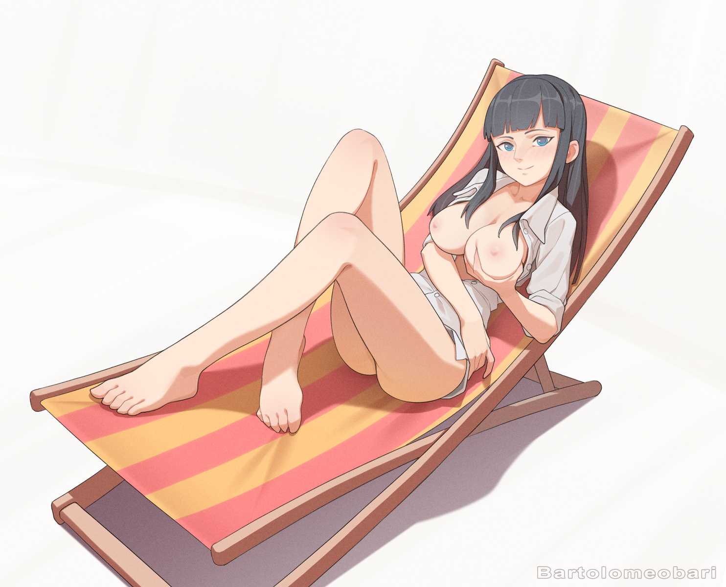 1girls, artist name, barefoot, bartolomeobari, big breasts, black hair, black-haired female, blue eyes, breasts, feet, female, female only, large breasts, long hair, nico robin, nipples, one piece, pre-timeskip, shirt, simple background, source request, sun lounger, topless, white shirt
