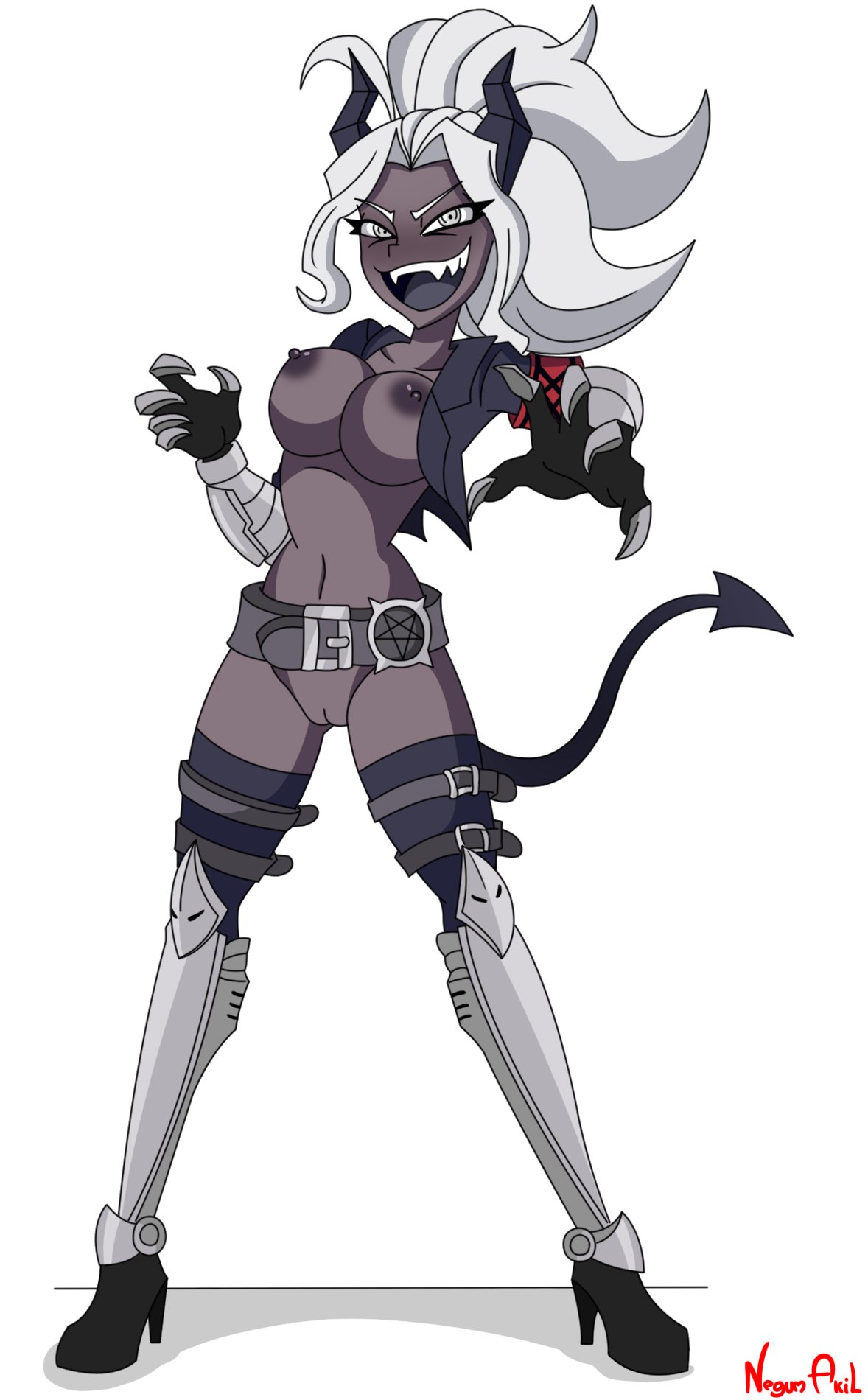 armor, armored boots, belt, black horn, black jacket, boots, breasts, dark skin, dark-skinned female, demon, demon girl, demon tail, female, female focus, female only, gauntlets, helltaker, high heels, horn, judgement (helltaker), looking at viewer, negum akil, nipples, pussy, sharp teeth, simple background, smile, smiling at viewer, solo, tail, teeth, white eyebrows, white eyes, white hair