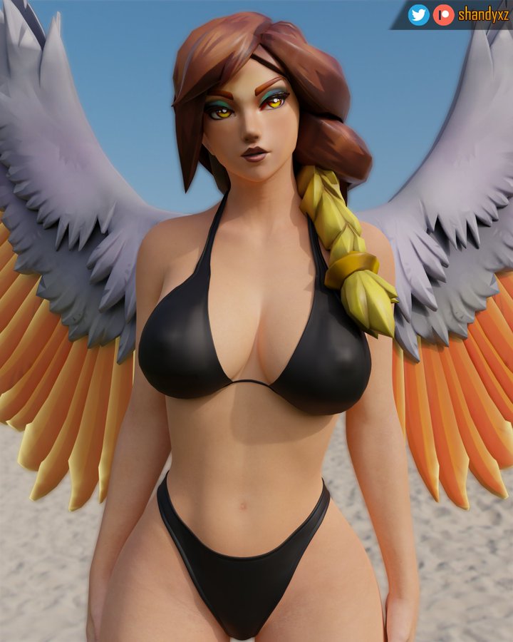1girls, 3d, angel, angel wings, bathing suit, beach, big breasts, bikini, black bikini, boobs, breasts, brown hair, cleavage, female, female only, furia (paladins), hair, hi-rez studios, huge breasts, large breasts, light skin, light-skinned female, nipples visible through clothing, paladins, pale skin, pale-skinned female, shandyxz, skimpy, skimpy clothes, solo, solo female, thick thighs, tits, video games, wide hips, yellow eyes