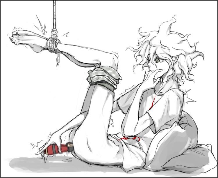 1boy, danganronpa, danganronpa 2: goodbye despair, drooling, fingers in mouth, leaking, male, male focus, male only, masturbation, nagito komaeda, partially clothed, pillow, sex toy, side view, solo, solo focus, solo male, spiral eyes, straight hair, tied legs, tied up, underwear down, vibrator, white background, yndr4hope