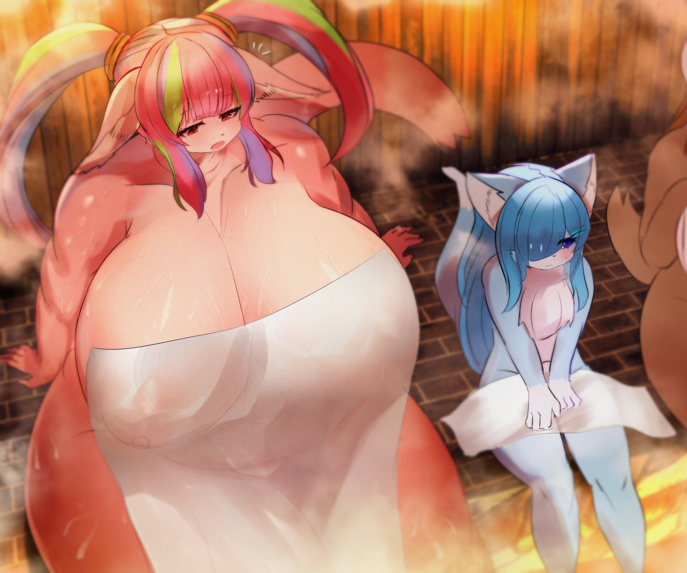 animal ears, areolae, bathing, big breasts, blue hair, breasts, chubby, chubby female, cleavage, curvaceous, curvy, female, female only, furry, furry only, hot spring, huge breasts, kakuteki11029, larger female, long hair, multicolored hair, nipples, see-through, size difference, steam, towel, translucent, translucent clothing, voluptuous