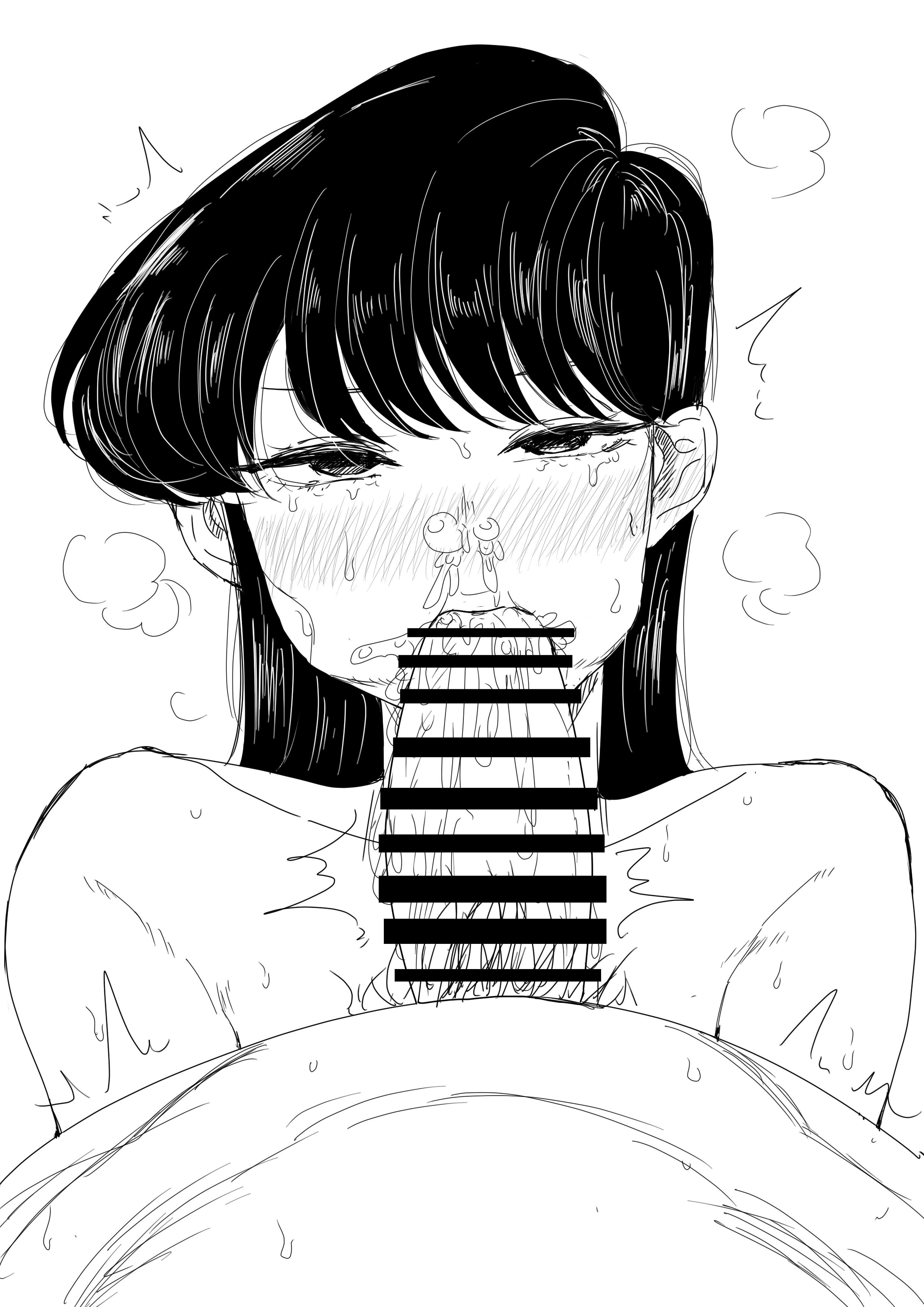 ^^^, 1boy, 1girls, asian, asian female, bar censor, blowjob, censored, cum in mouth, cum out nose, fellatio, female, kaiman garupan, komi shouko, komi-san wa komyushou desu, male, male pov, monochrome, oral, penis, pov, pov eye contact