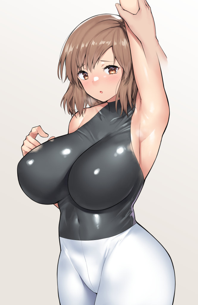 1girls, armpits, big breasts, black shirt, blush, blushing, breasts, brown eyes, brown hair, brunette, brunette female, brunette hair, disembodied hand, female, female only, grabbing another's arm, grabbing arm, grey background, hand on another's arm, hand on arm, large breasts, looking at viewer, nagase haruhito, navel, navel visible through clothes, one arm up, open mouth, shoulder length hair, simple background, solo, solo female, standing, thick thighs, tight clothes, tight clothing, white pants, wide hips