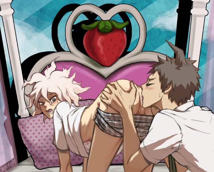 2boys, all fours, anilingus, anus, ass, ass up, closed eyes, clothed, clothed sex, clothing, color, danganronpa, danganronpa 2: goodbye despair, gay, hand on ass, hinata hajime, licking, licking ass, looking back, male, male only, male penetrating, male/male, nagito komaeda, on bed, rimjob, rimming, rimming male, sex, straight hair, underwear down, yaoi, yndr4hope
