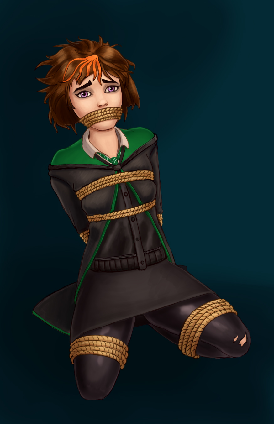 1girls art-thas blue_background bondage bound brown_hair cloak clothed clothing eyebrows female female_only femsub gag gagged hair harry_potter harry_potter:_hogwarts_mystery hogwarts hogwarts_school_uniform hogwarts_student human human_only kneeling legwear looking_at_viewer medium_hair merula_snyde necktie pantyhose purple_eyes rope rope_bondage rope_gag sad school_uniform schoolgirl schoolgirl_uniform shirt simple_background skirt slytherin slytherin_tie small_breasts solo student submissive submissive_female tied_up torn_clothes torn_legwear torn_pantyhose two_tone_hair uniform witch