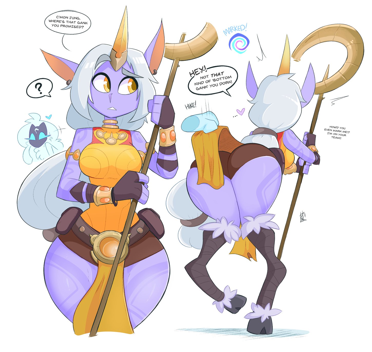 ?, ..., 2girls, ass, bare legs, bare shoulders, bent over, big ass, big breasts, big butt, big hips, big thighs, bottom heavy, breasts, curvy, dress lift, female, female only, from behind, heart, hooves, horn, kilinah, kindred, lamb (league of legends), large breasts, league of legends, lifting dress, long hair, panties, pantyshot, pointy ears, ponytail, soraka, staff, standing, tattoo, very long hair, weapon, white hair, wide hips, yellow eyes, yuri