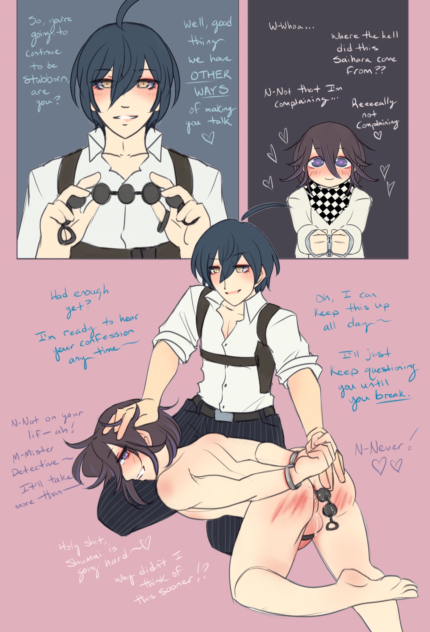 2boys, 3koma, anal, anal beads, bent over, blush, clothed, clothed male, clothing, color, criminal, danganronpa, danganronpa v3, detective, dialogue, english text, gay, handcuffs, happy, happy sex, male, male only, male/male, metalljellyfish, nude, nude male, on lap, ouma kokichi, saihara shuuichi, sex toy, slap mark, smile, smiling, spank marks, spanked, straight hair, twink, yaoi