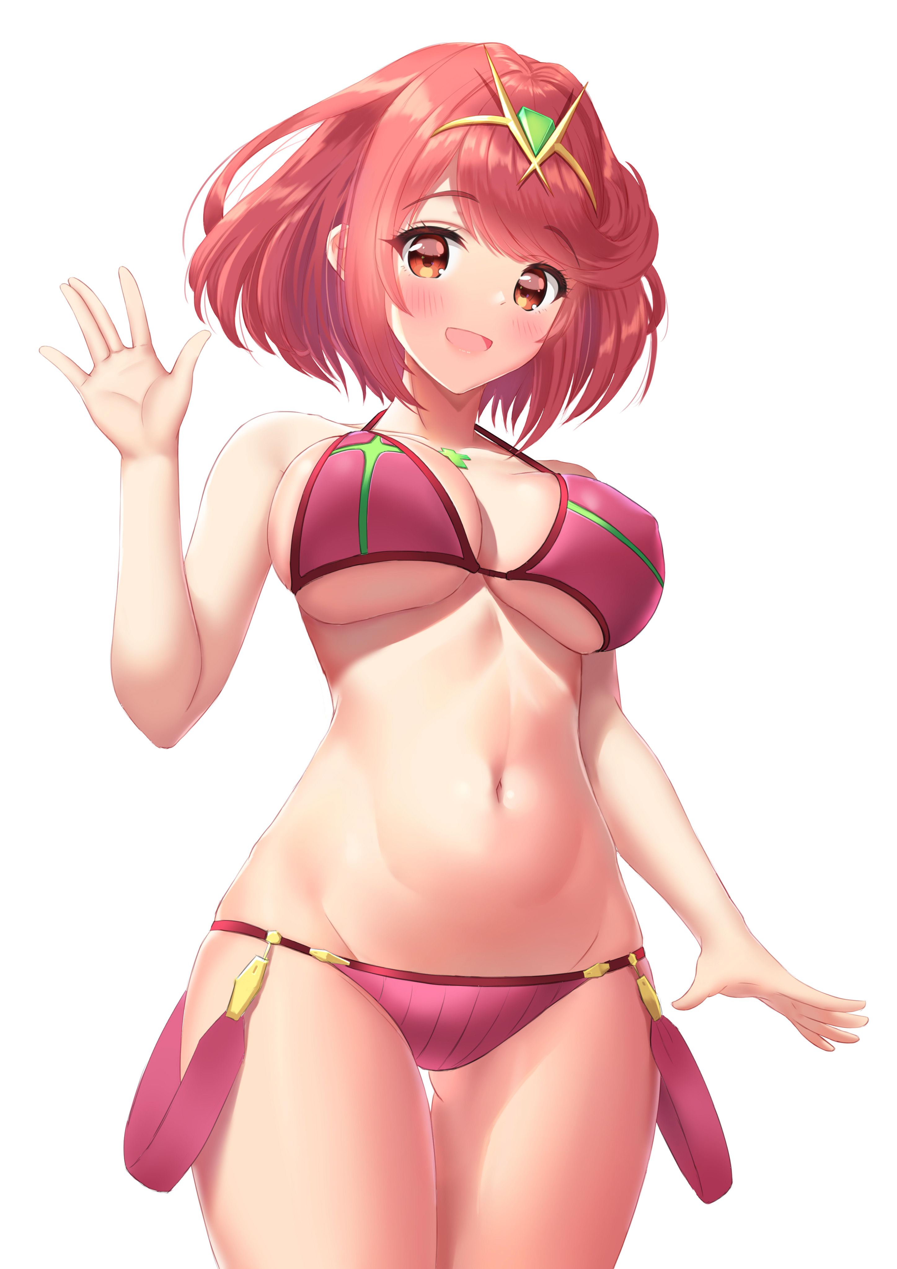  -ken-, 1girls, alternate costume, ass visible through thighs, bikini, breasts, female, female only, light skin, light-skinned female, looking at viewer, nintendo, open mouth, pyra, red eyes, red hair, short hair, solo, solo female, swimsuit, waving, white background, xenoblade (series), xenoblade chronicles 2