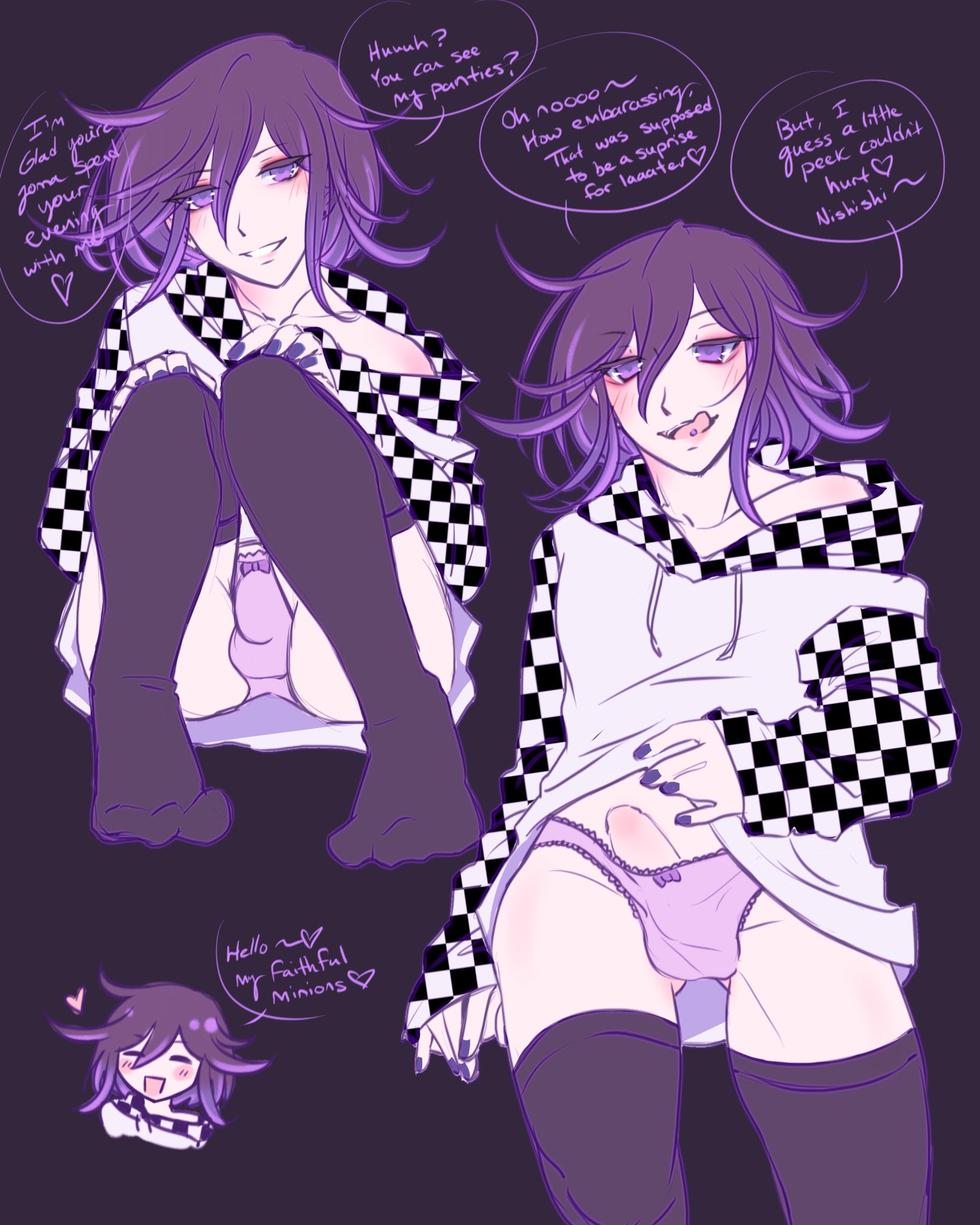 1boy, bulge, clothed, clothing, color, danganronpa, danganronpa v3, dialogue, english text, femboy, jacket, licking lips, light skin, light-skinned male, looking at viewer, male, male only, metalljellyfish, ouma kokichi, pale skin, pale-skinned male, penis, penis out, penis under clothes, purple eyes, purple hair, sitting, smile, smiling, smiling at viewer, solo focus, straight hair, teasing, thighhighs, tongue piercing, underwear