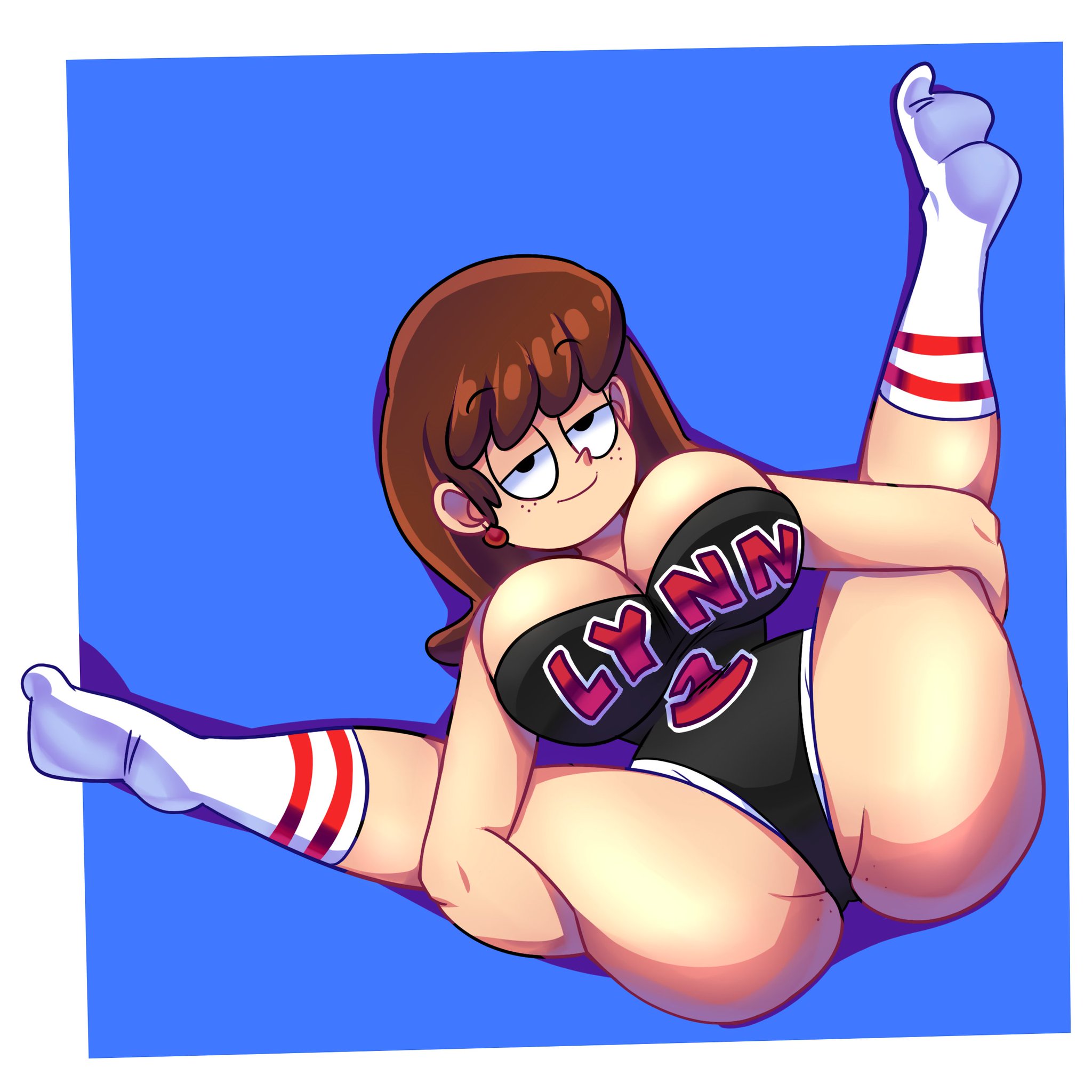 1girls, aged up, ass, big ass, big breasts, big butt, big thighs, breasts, brown hair, cleavage, earrings, feet, female, female only, fresh lynn, genitals, half-closed eyes, hands on thighs, huge ass, huge breasts, large ass, large breasts, legs apart, legwear, leotard, lueduar, lueduartv, lying, lynn loud, nickelodeon, older, smile, socks, solo, solo female, solo focus, spread legs, stretching, striped socks, the loud house, thick, thick legs, thick thighs, thighs, yoga
