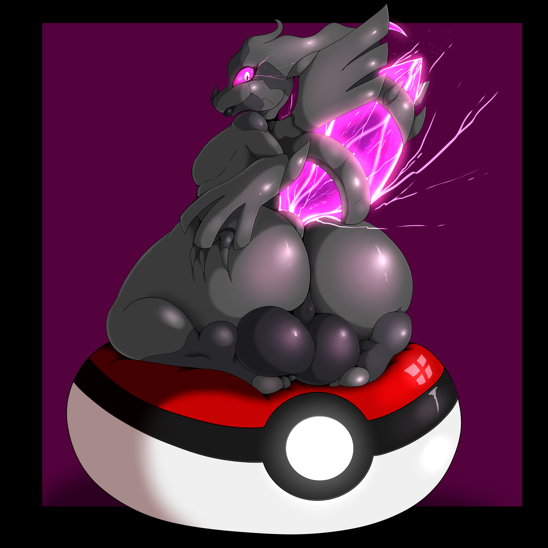 1:1, 2021, anthro, ass, backsack, balls, ballsack, big ass, big balls, big butt, black border, border, digital media (artwork), dragon, femboy, genitals, girly, hand on ass, hand on butt, hi res, huge ass, huge balls, huge butt, legendary pokemon, looking at viewer, looking back, male, male only, nintendo, pokémon (species), pokemon, pokemon (species), presenting, presenting hindquarters, purple background, reptile, scalie, simple background, solo, suirano, thick thighs, video games, wide hips, zekrom