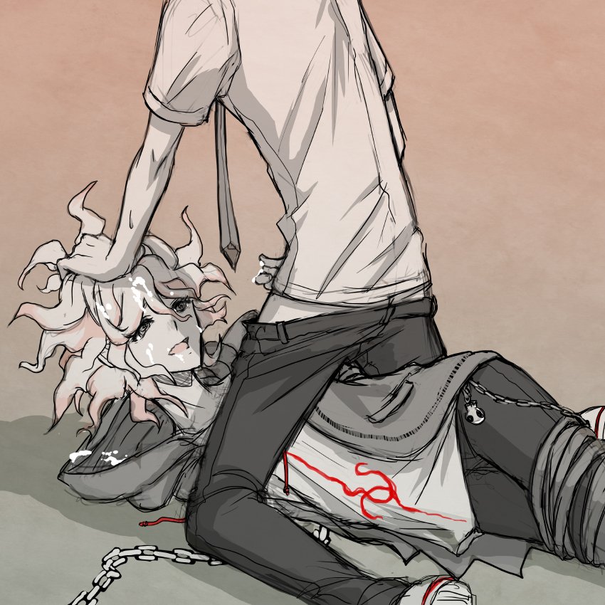 2boys, chained, chains, clothed, clothing, cum, cum on clothes, cum on face, cum on hair, cumshot, danganronpa, danganronpa 2: goodbye despair, gay, hair grab, hinata hajime, male, male only, male/male, masturbation, nagito komaeda, on floor, on side, open mouth, pants down, spiral eyes, straight hair, tied up, yaoi, yndr4hope