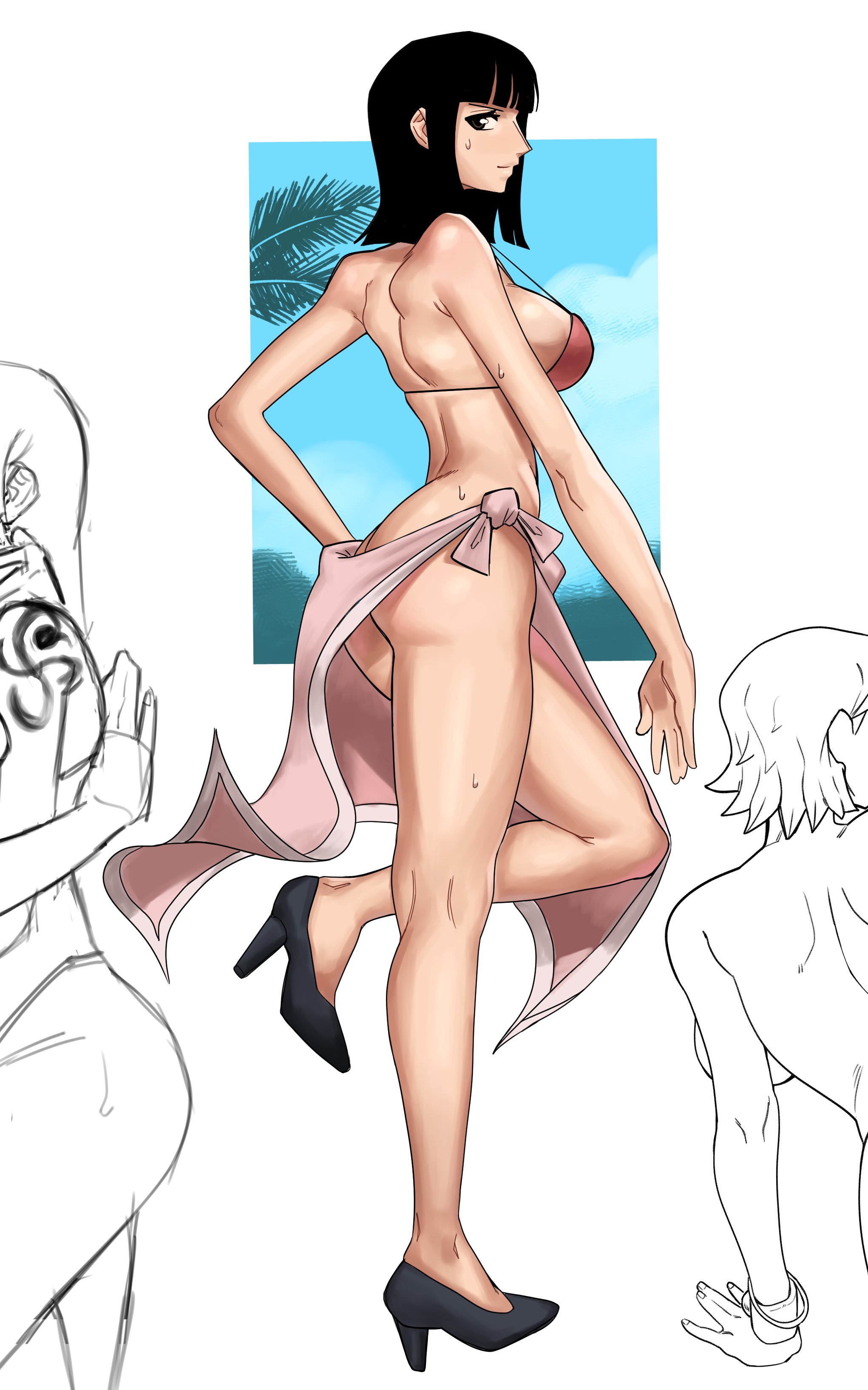 1girls, black hair, black-haired female, female, female only, heels, nico robin, no panties, one piece, pin-up, pose, pre-timeskip, sarong, sketch, tagme, taikolum, thighs