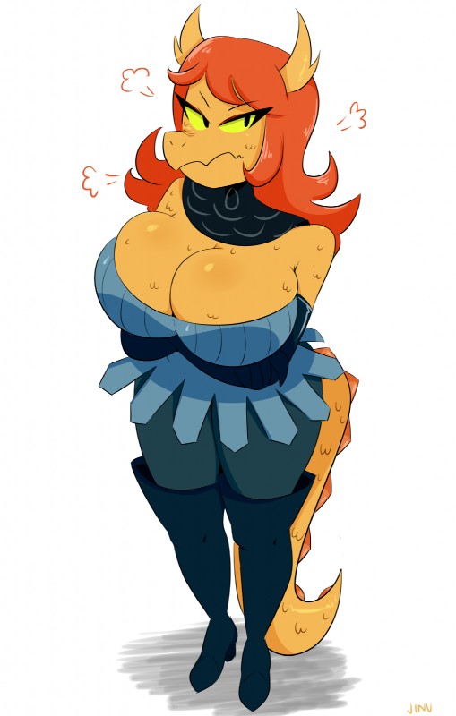 annoyed anthro armor arms_under_breasts cartoon_network cleavage clothed cosma cosma_(ok_k.o.!_lbh) dragon female jinu large_breasts lowres ok_k.o.!_let's_be_heroes orange_scales orange_skin red_hair scalie tail thigh_high_boots