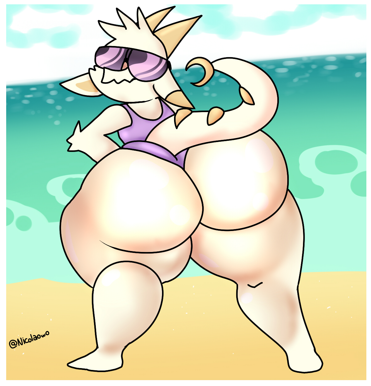 2021, ambiguous gender, ass, beach, big ass, big butt, chikn nuggit, fanart, furry, furry only, fwench fwy (chikn nuggit), goat, hyper ass, looking at viewer, nicolaowo, original character, purple-tinted eyewear, shortstack, solo, sunglasses, thick thighs, tinted eyewear
